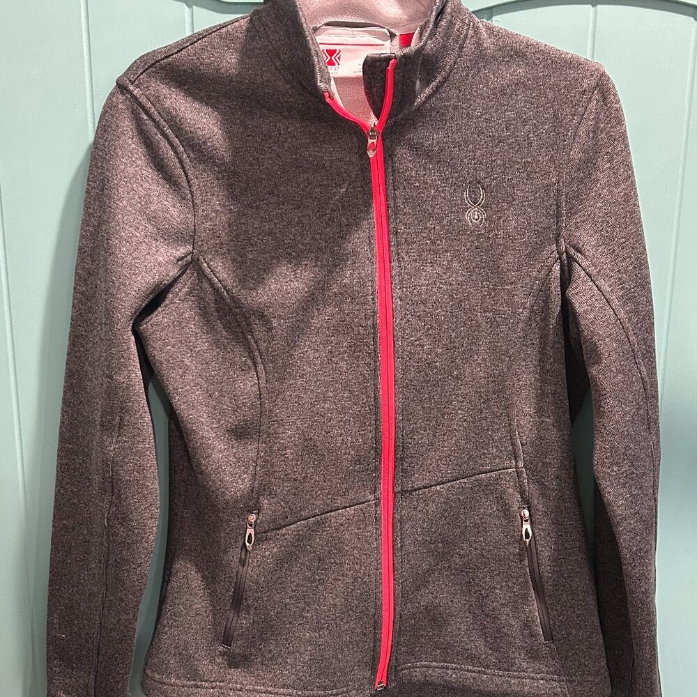 EUC Womens SPYDER CORE Sweater Zip jacket hood, Sz Lg Gray/Hot Pink